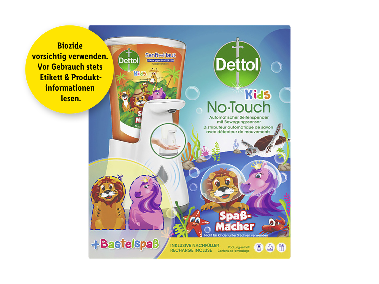 Dettol Kids No-Touch Seifenspender mit Nachfüllpackung und Bastelspaß-Elementen.