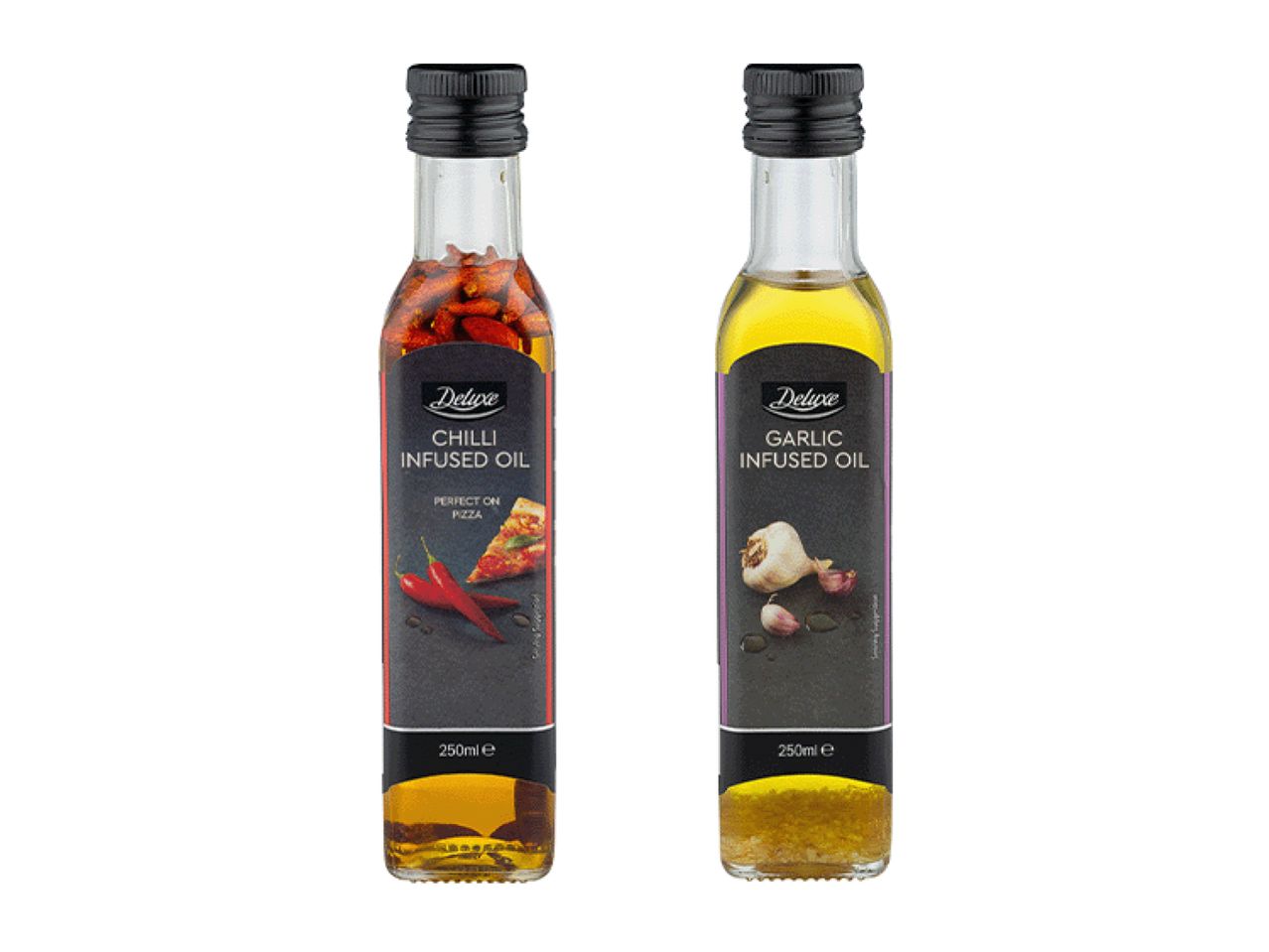 Two bottles of infused oil, one chili and one garlic, with black labels.