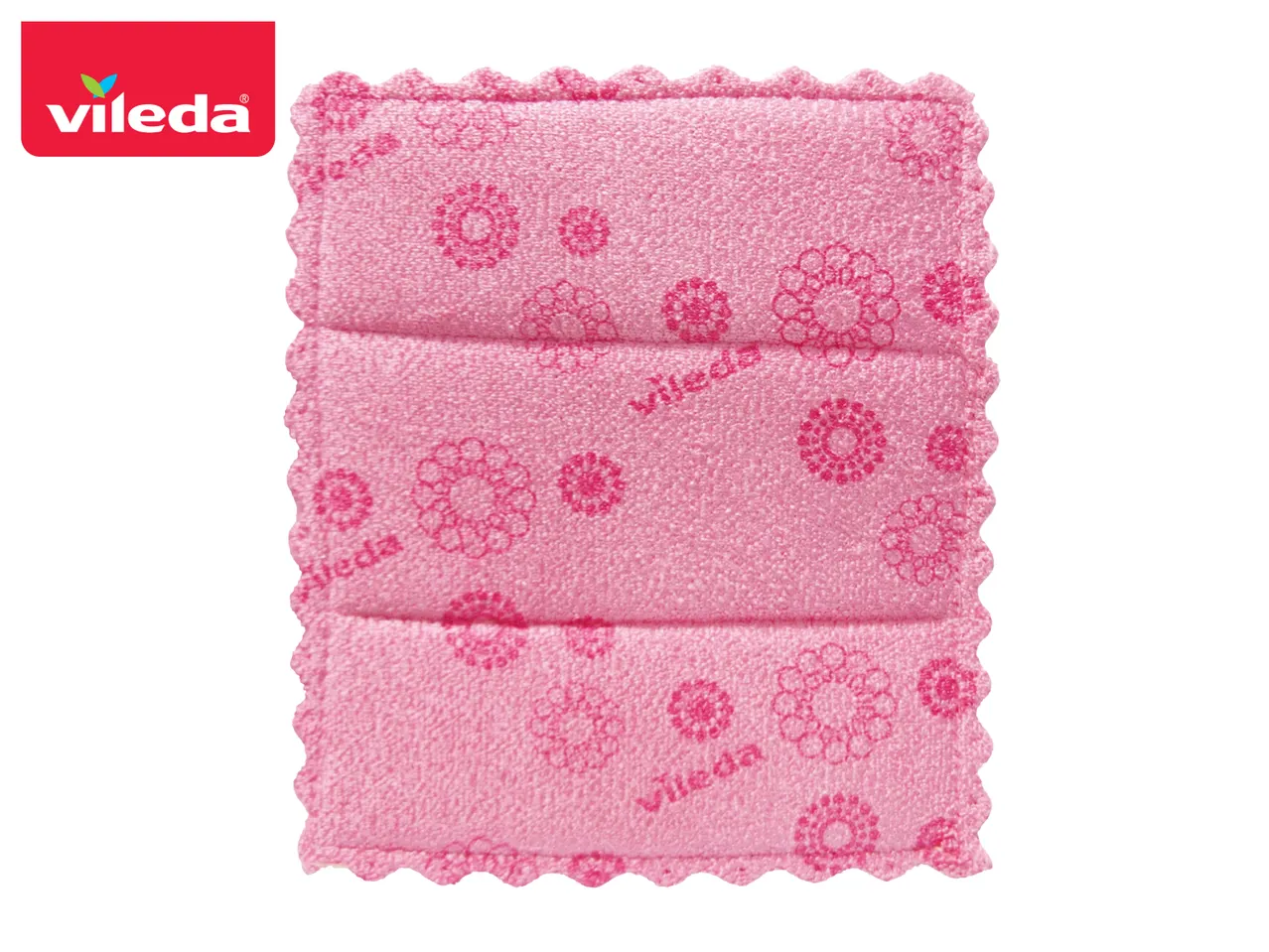 Pink Vileda sponge with scalloped edges and floral pattern.