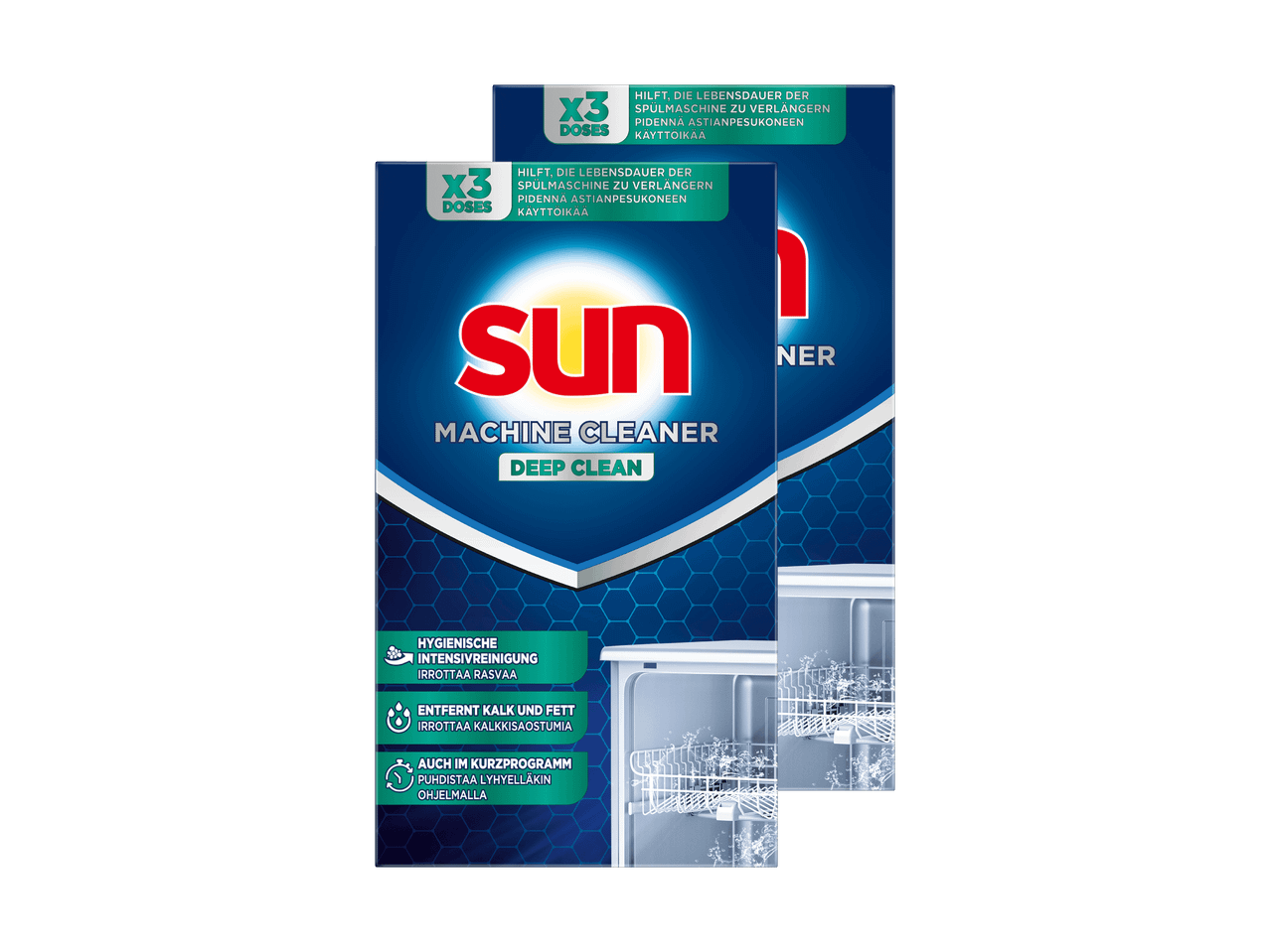 Due confezioni di Sun Machine Cleaner Deep Clean per lavastoviglie.