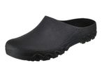 Black slip-on clog with a textured upper and a wavy sole design.