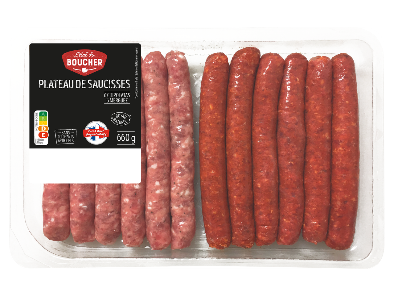 Plateau de 6 chipolatas et 6 merguez, sans colorants artificiels, origine France, 660g.
