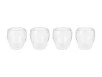 Four empty double-walled glass cups sit in a row.