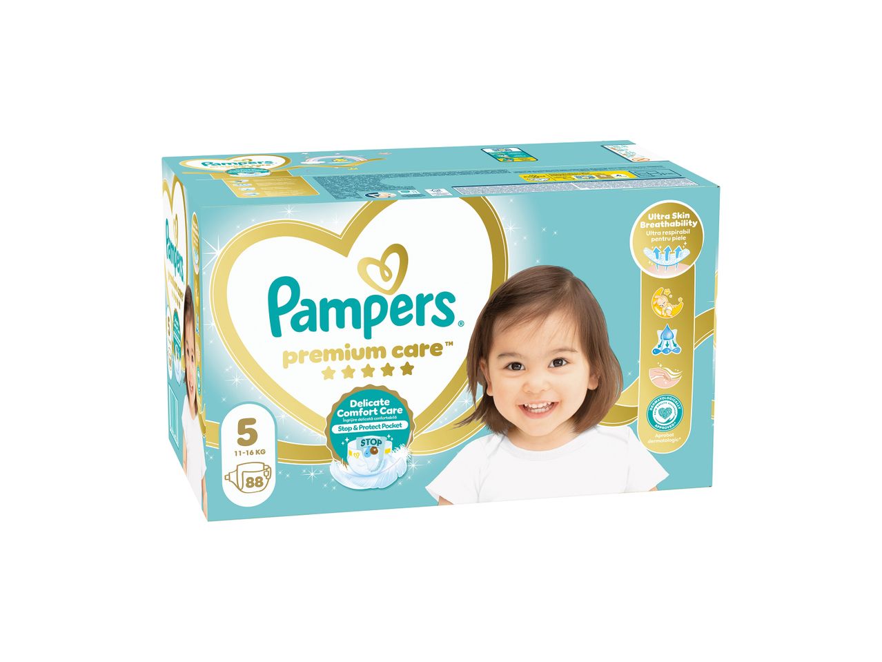Pampers Premium Care πάνες μεγέθους 5 για 11-16 κιλά, με 88 τεμάχια και χαρακτηριστικά αναπνοής δέρματος.