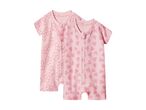 Two pink baby rompers, one with flower print and one with heart print, both with short sleeves.
