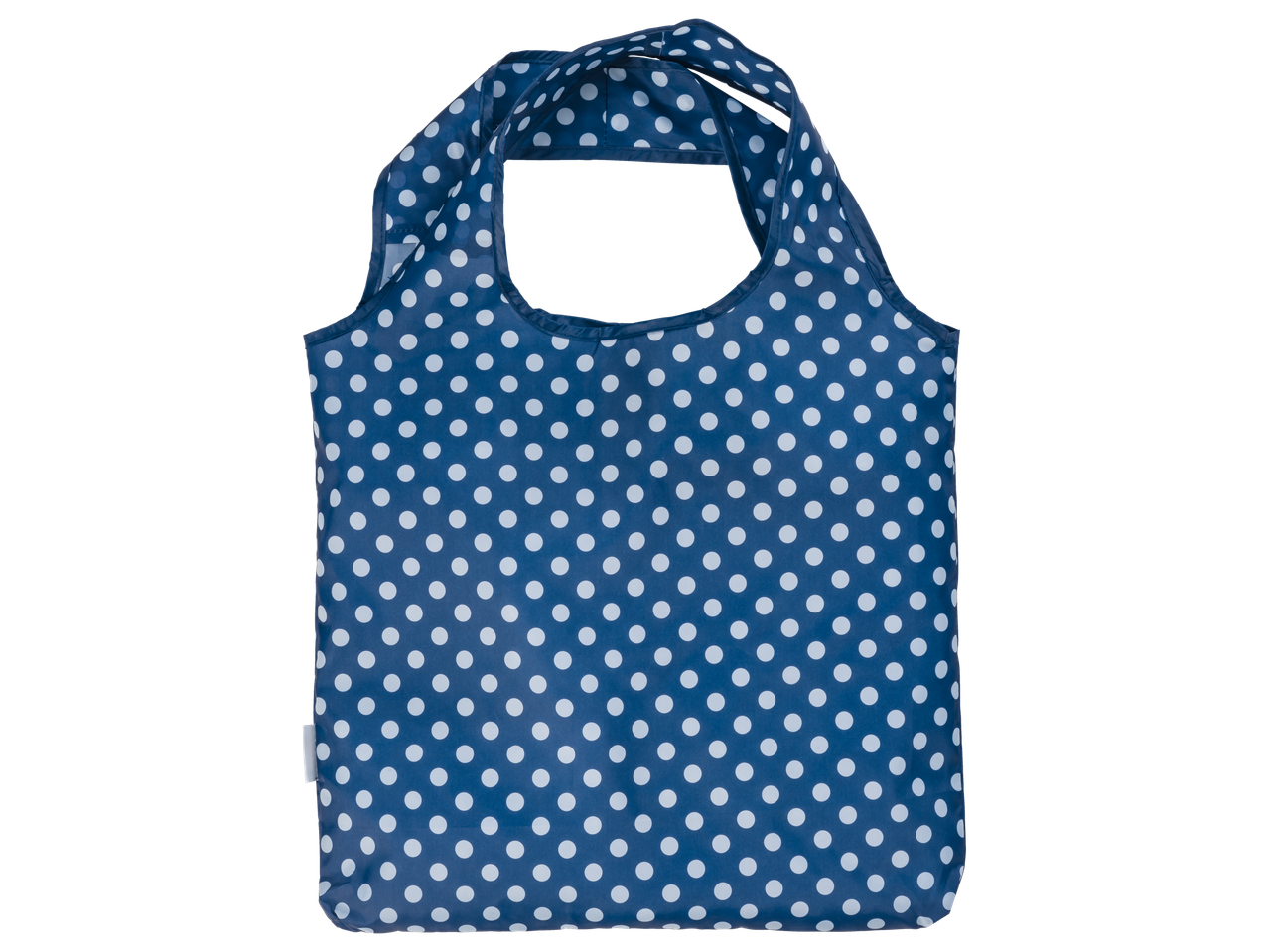 Saco de compras azul com bolinhas brancas