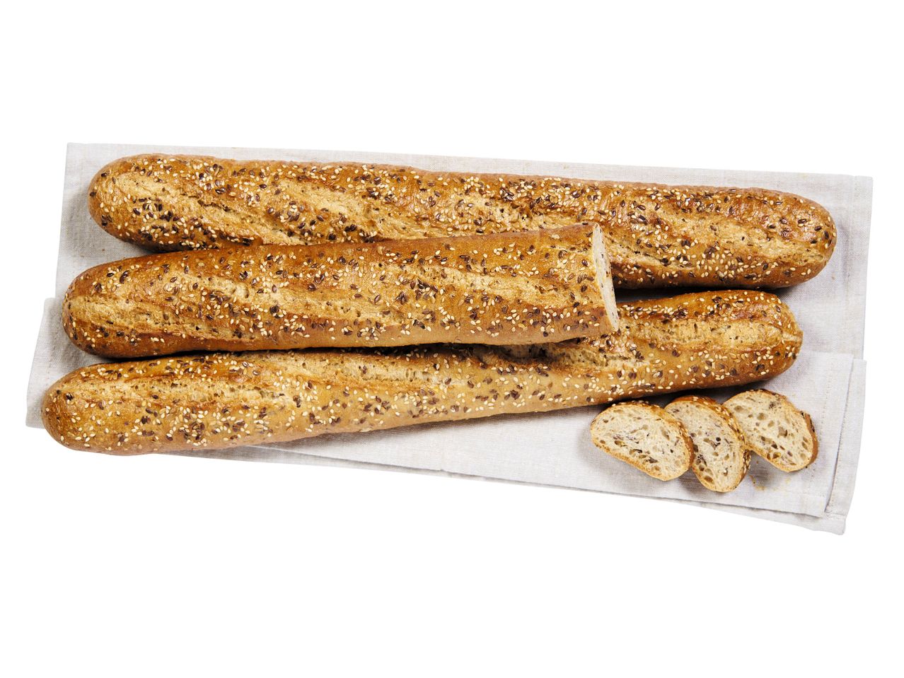 Baguettes multigrains sur du lin.
