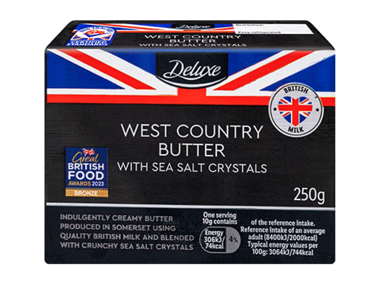 Deluxe West Country Butter with sea salt crystals, 250g, with British flag design.