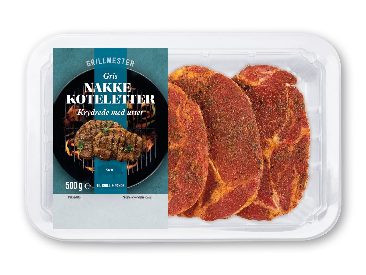 Krydrede nakkekoteletter af gris i bakke, klar til grill og pande, 500g.