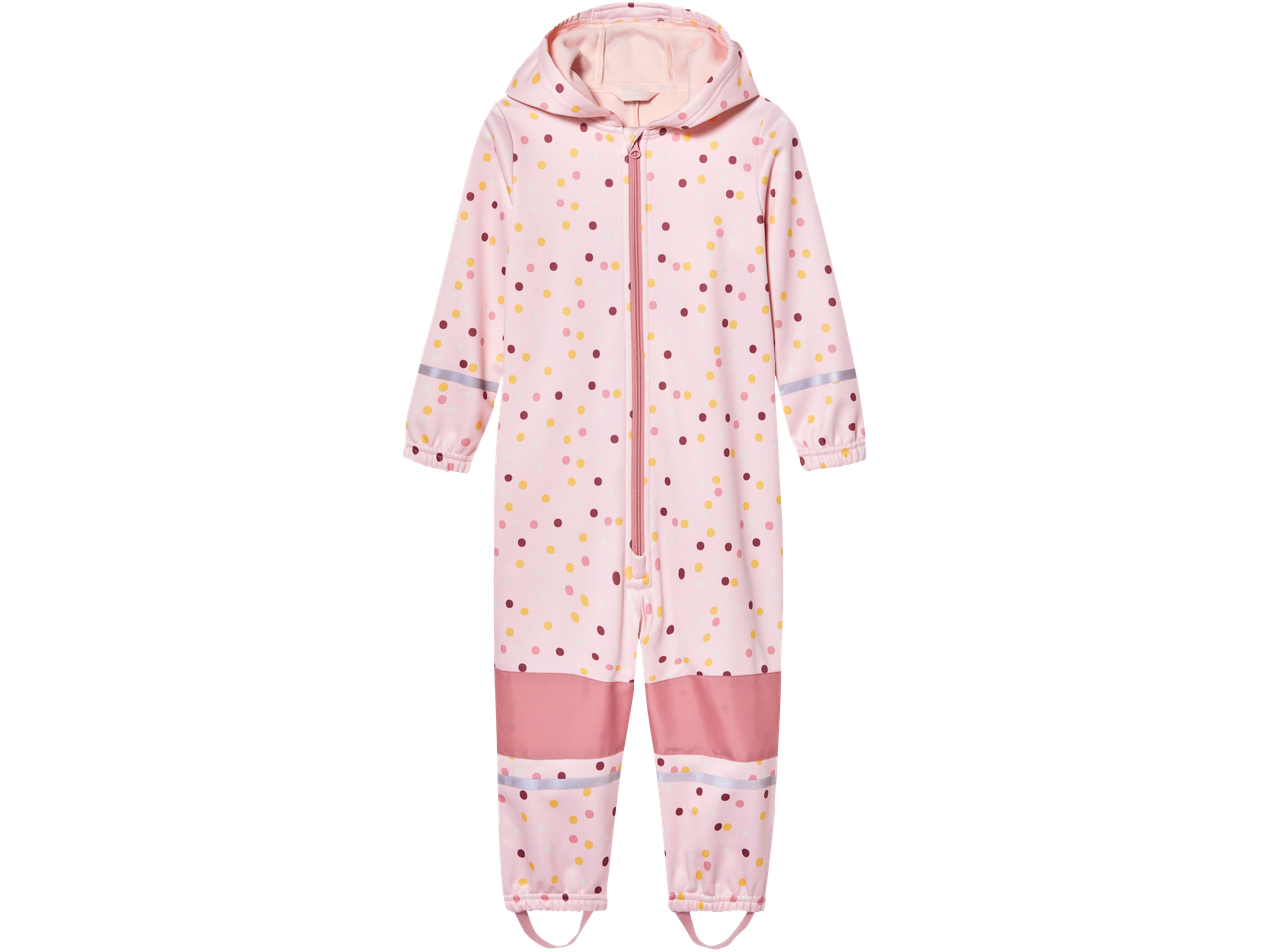 Rožinė vaikų lietpalčių kombinzonas su spalvotais taškeliais.