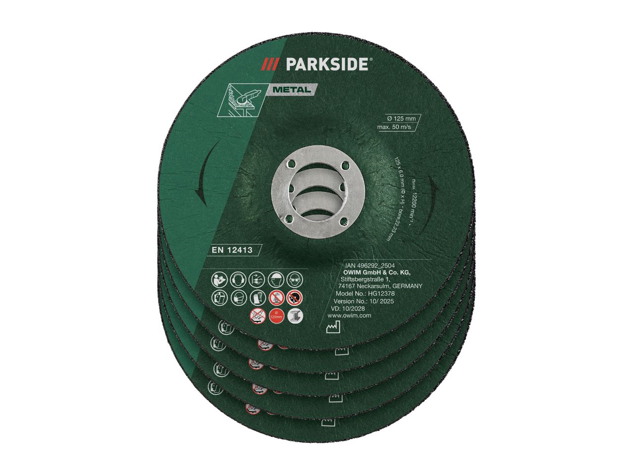 Stack of five green metal grinding discs, 125mm diameter, max 50 m/s.
