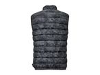 Back view of a dark gray camouflage puffer vest.