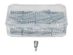 Clear plastic organizer box filled with drywall anchors, with one anchor below.