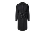 Black denim shirt dress with a tie-waist belt and long sleeves.