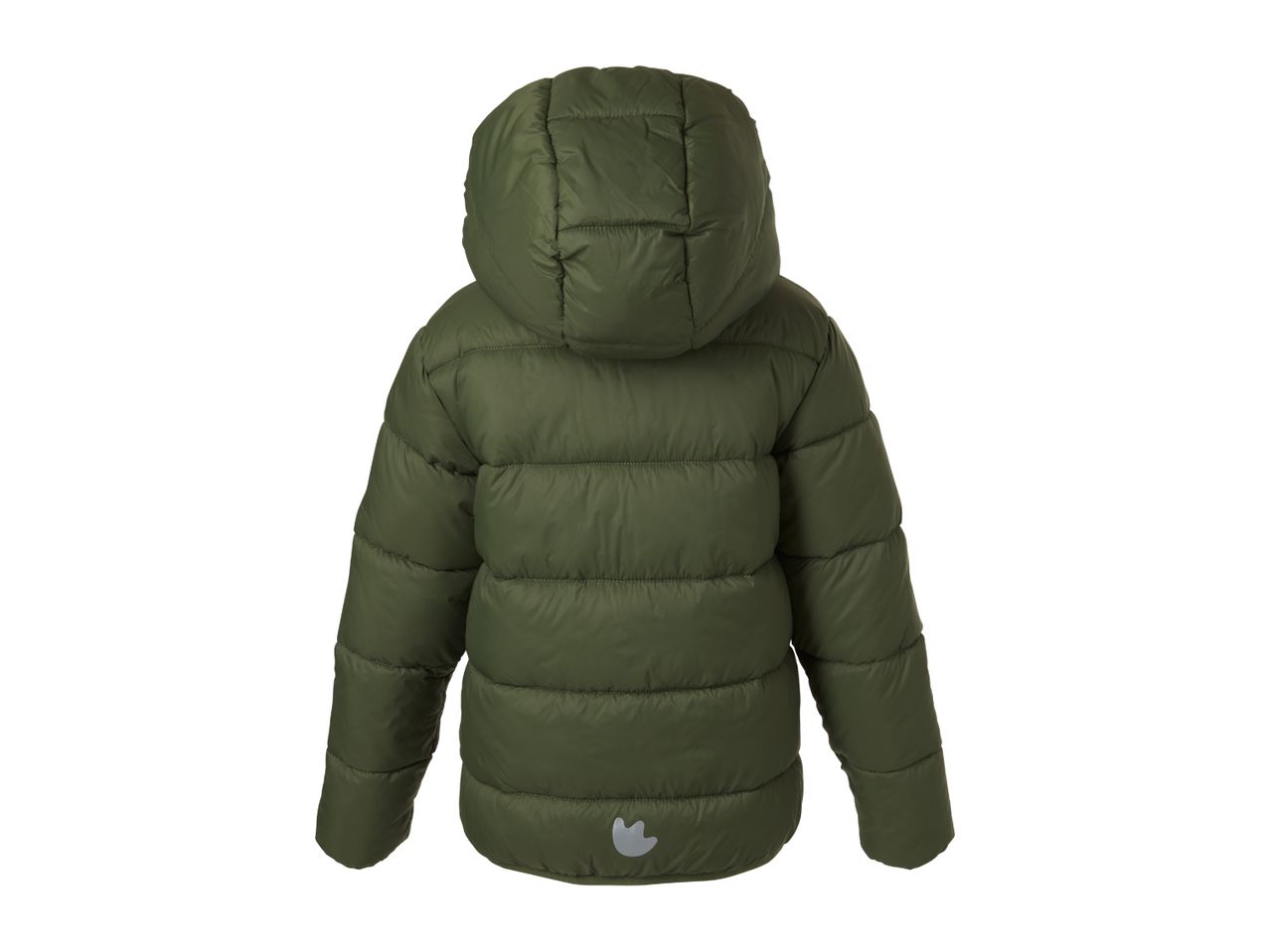 Back view of a green children's puffer jacket with a hood and a reflective detail.