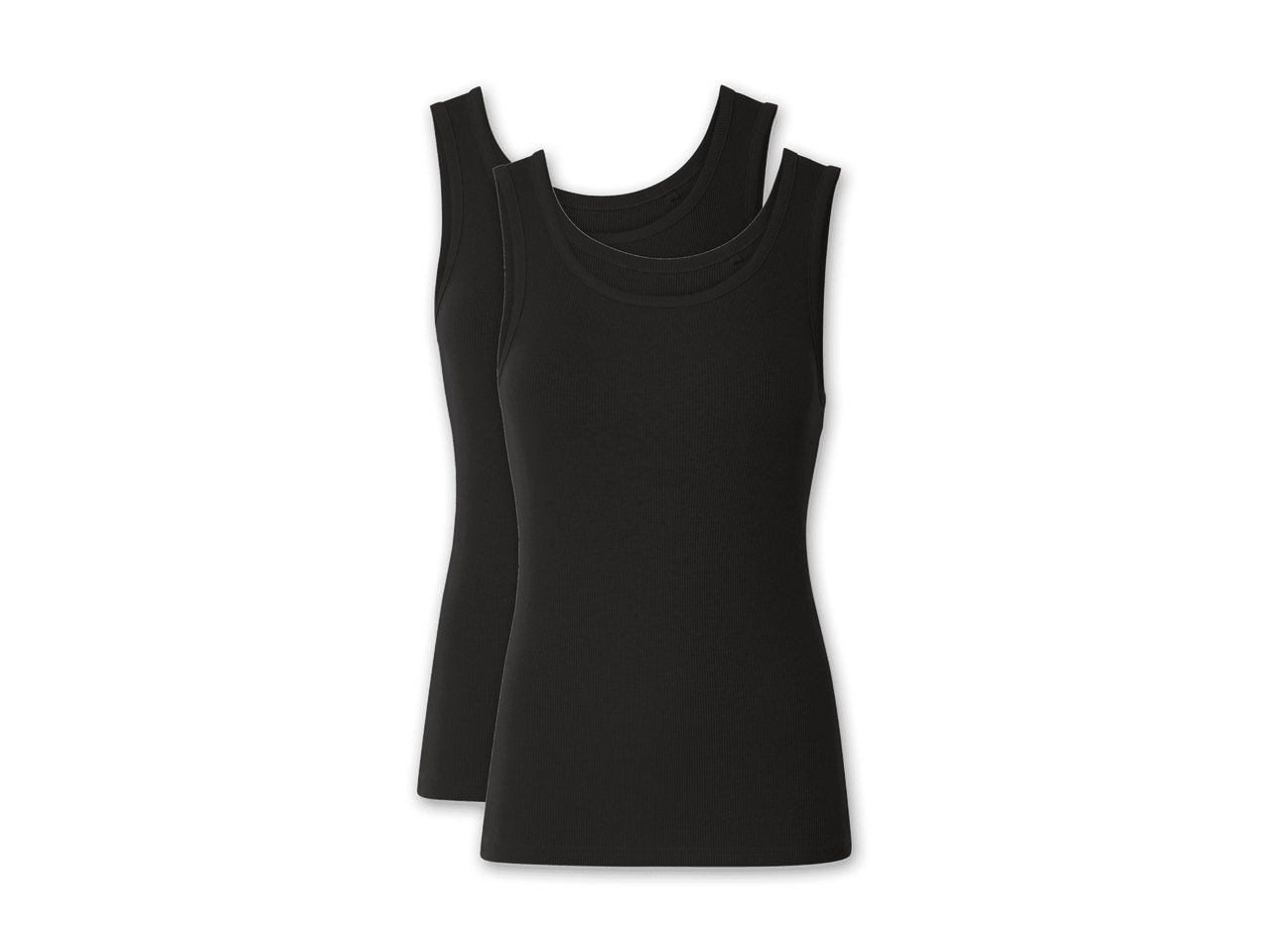 Zwei schwarze, gerippte Tanktops liegen übereinander.