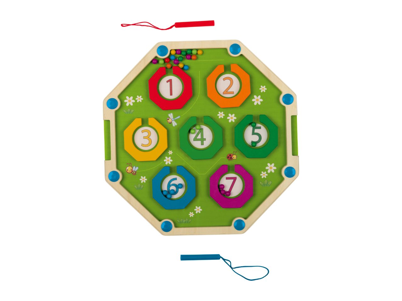 Wooden magnetic maze board with numbers 1-7, colorful beads, and two magnetic wands.