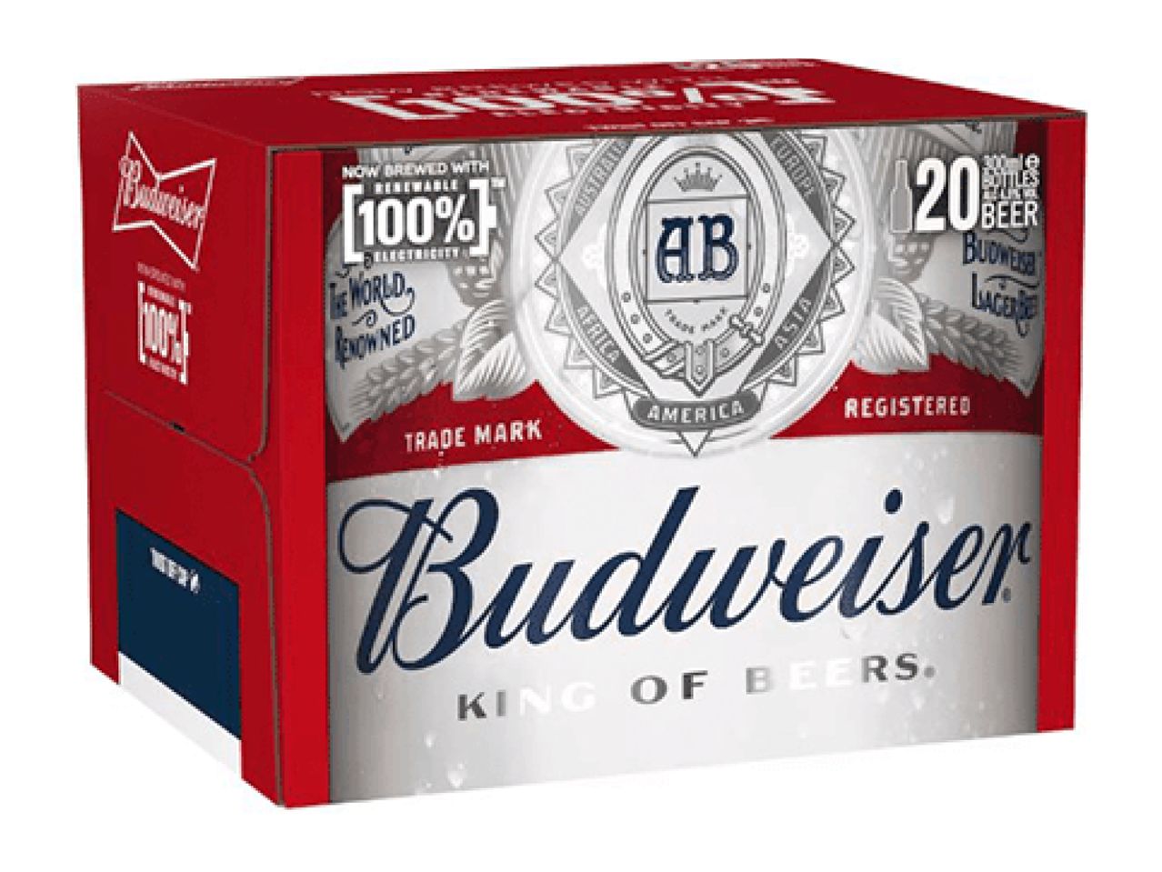 Budweiser 20-pack of beer bottles, brewed with 100% renewable electricity.