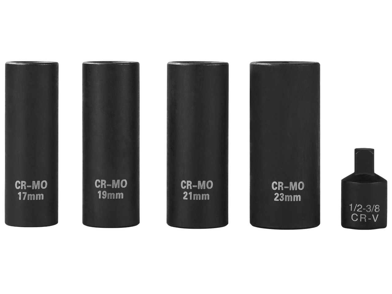 Комплект от четири черни ударни вложки (17мм, 19мм, 21мм, 23мм) и адаптер за вложки.