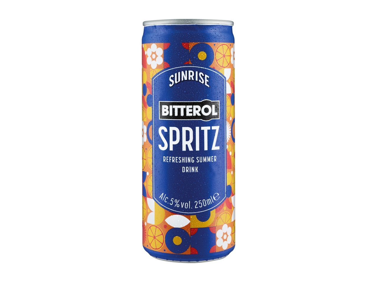 Blue and orange spritz can with fruit and floral patterns, 5% alcohol, 250ml.