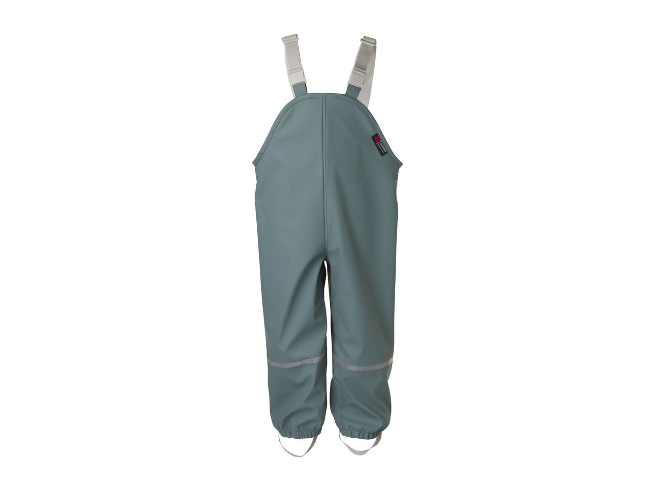 Children's waterproof dungarees in a teal color with reflective stripes and adjustable straps.