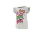 T-shirt infantil branca com estampa de cachorrinho rosa e verde e o texto 'CLAW AND ROARS!'