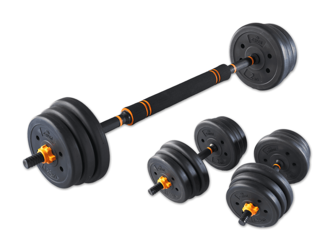 Hantelset von Crivit mit Langhantel und Kurzhanteln in Schwarz und Orange