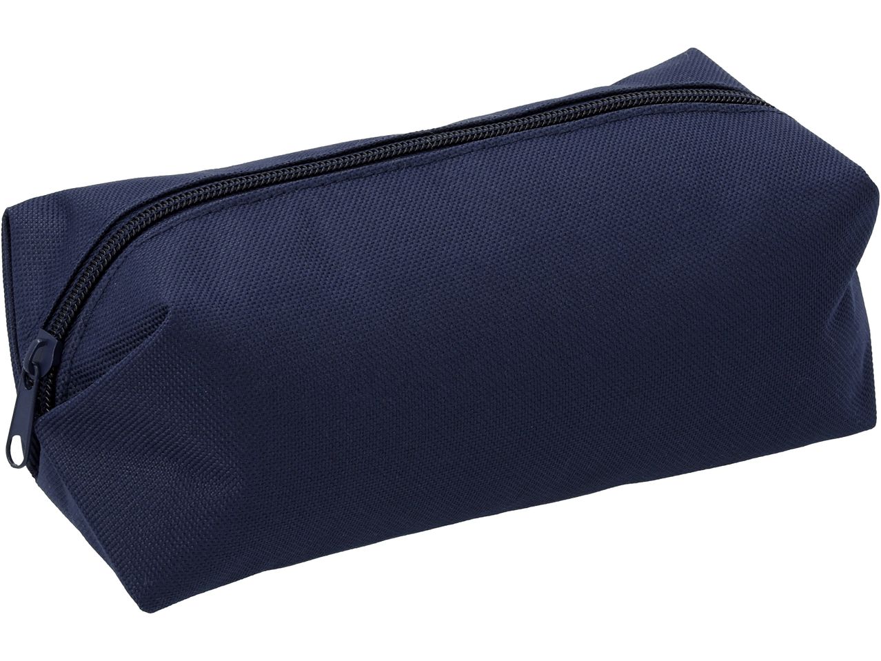 Astuccio blu navy con cerniera nera.