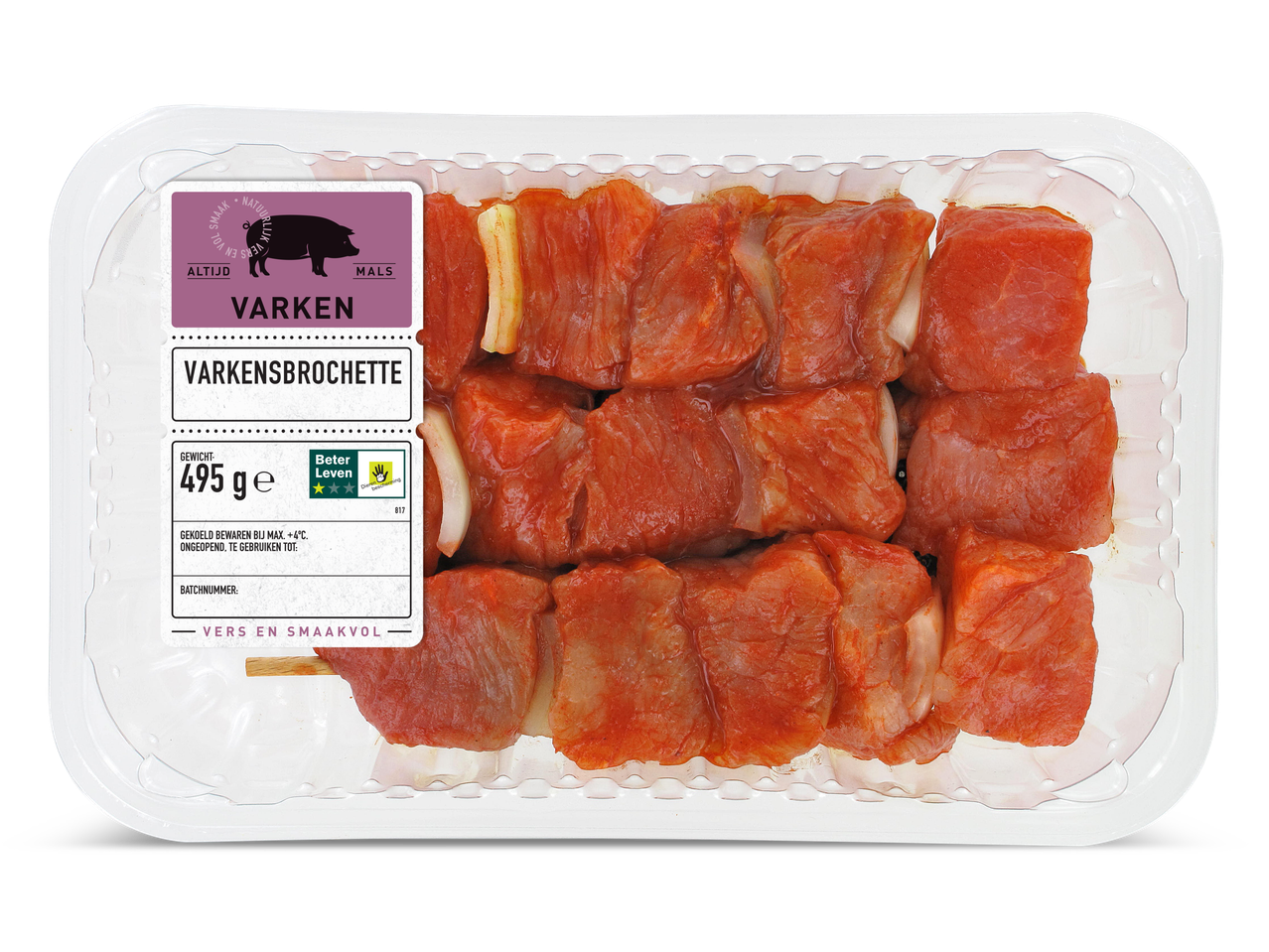 Verpakking varkensbrochette met uien, 495g, gelabeld 'Beter Leven'.