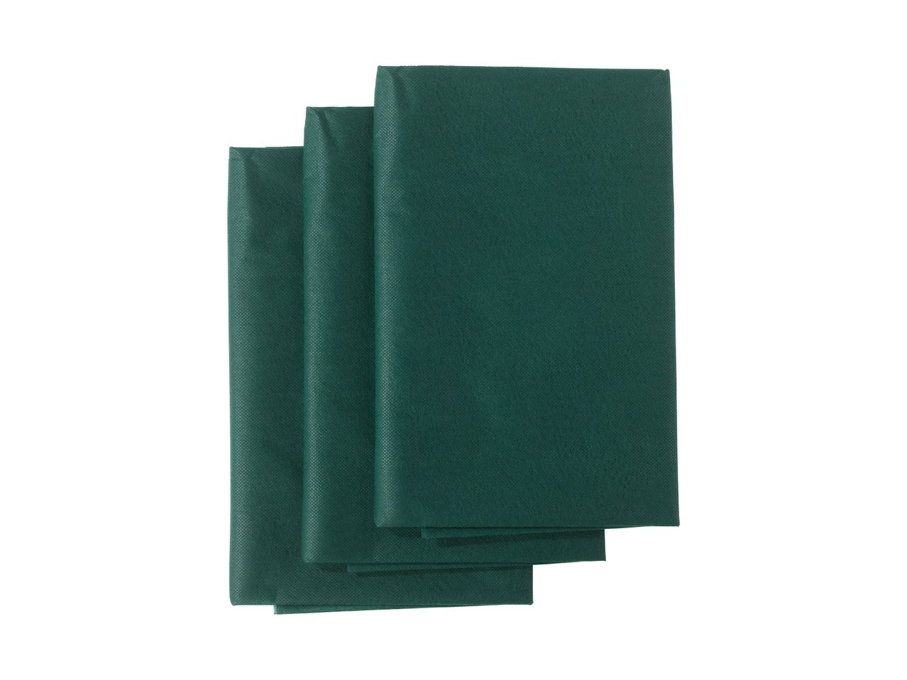 Three folded dark green garden fleece sheets stacked on a white background