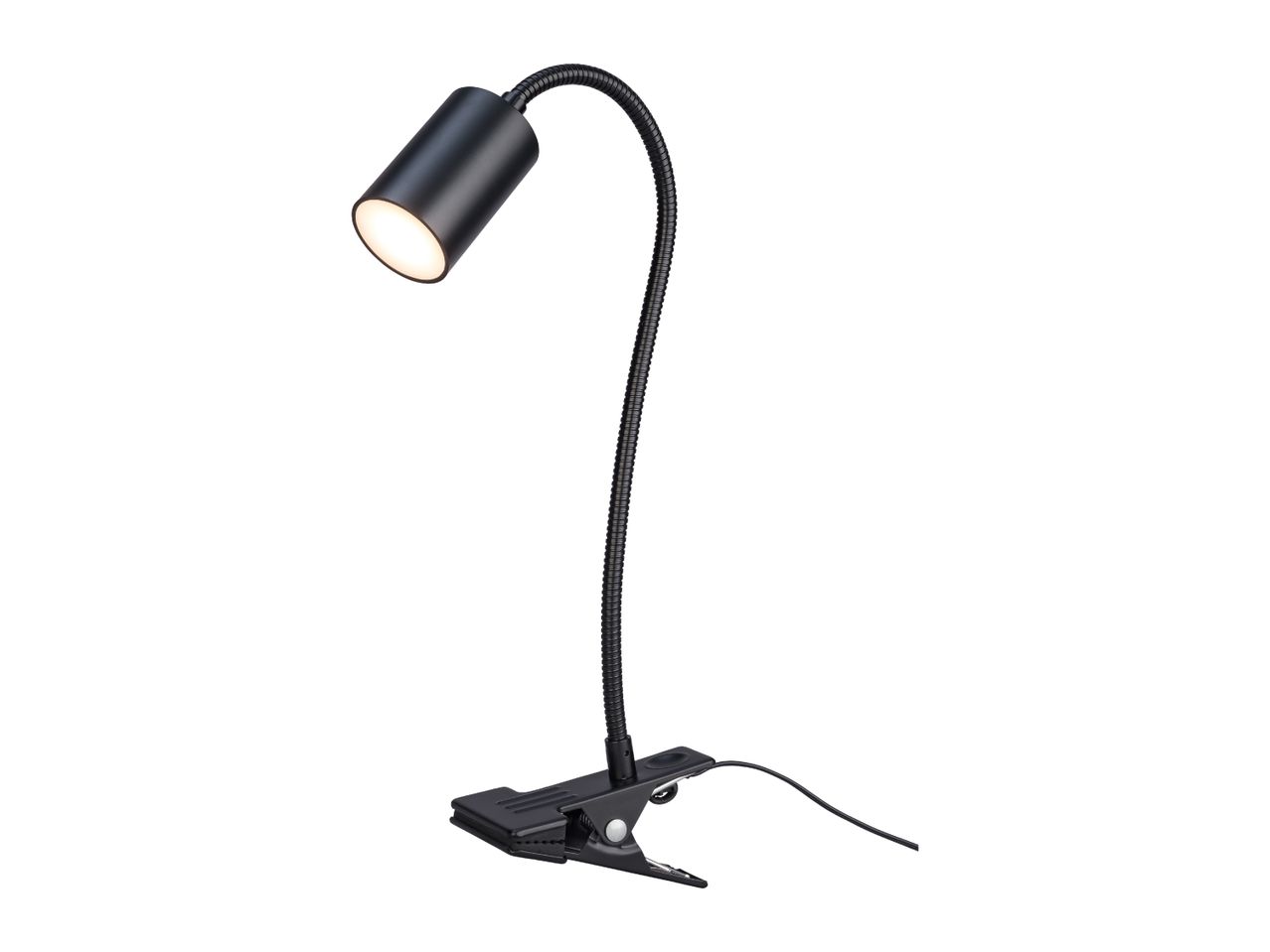 Black clip-on desk lamp with a flexible gooseneck and an illuminated head.