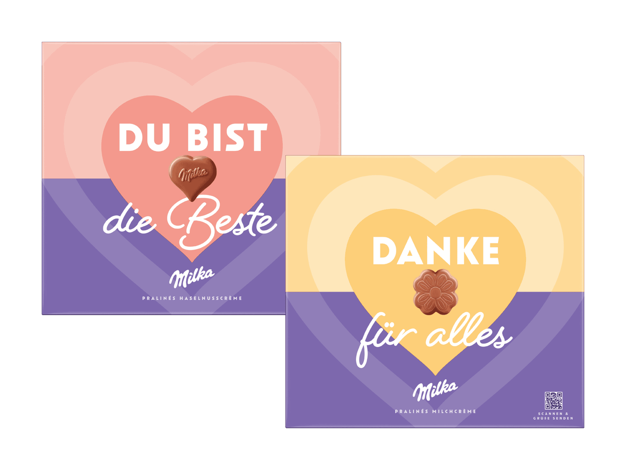Zwei Pralinenschachteln mit Herzmotiven und den Aufschriften 'Du bist die Beste' und 'Danke für alles'.
