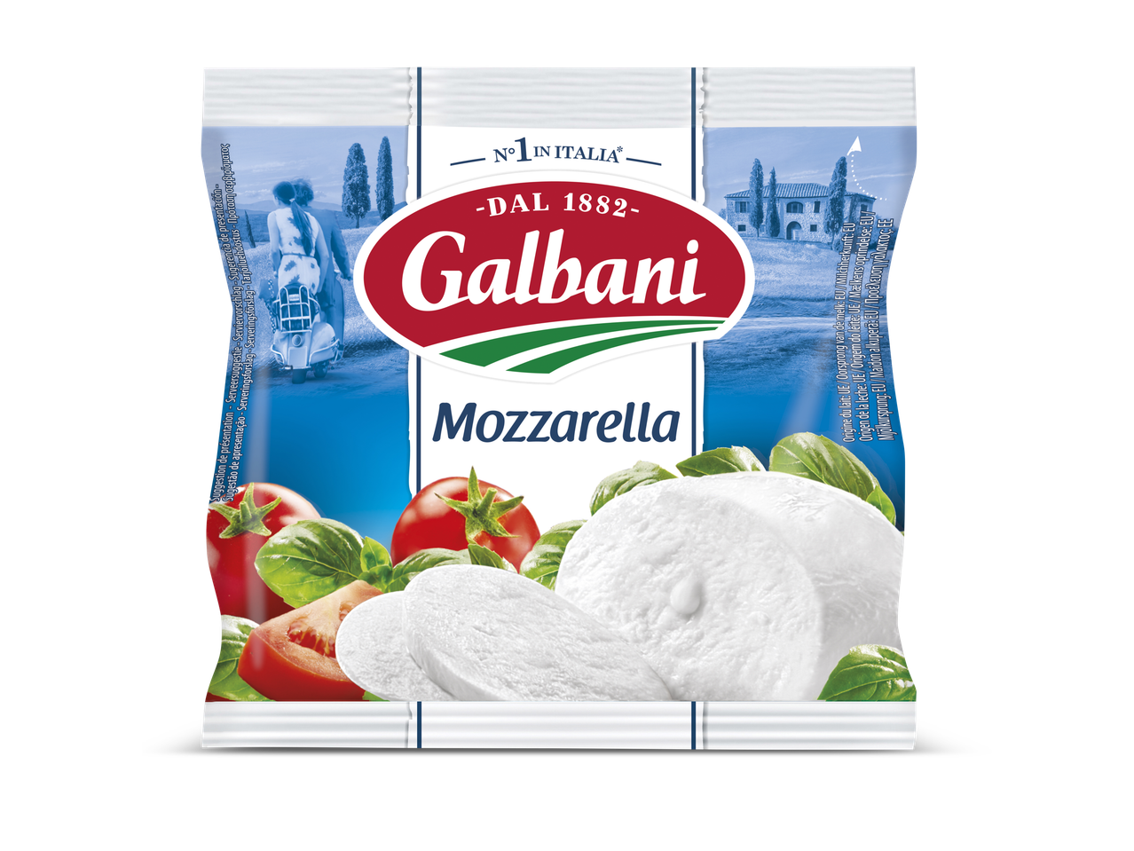 Galbani mozzarella schijven met tomaten en basilicum.