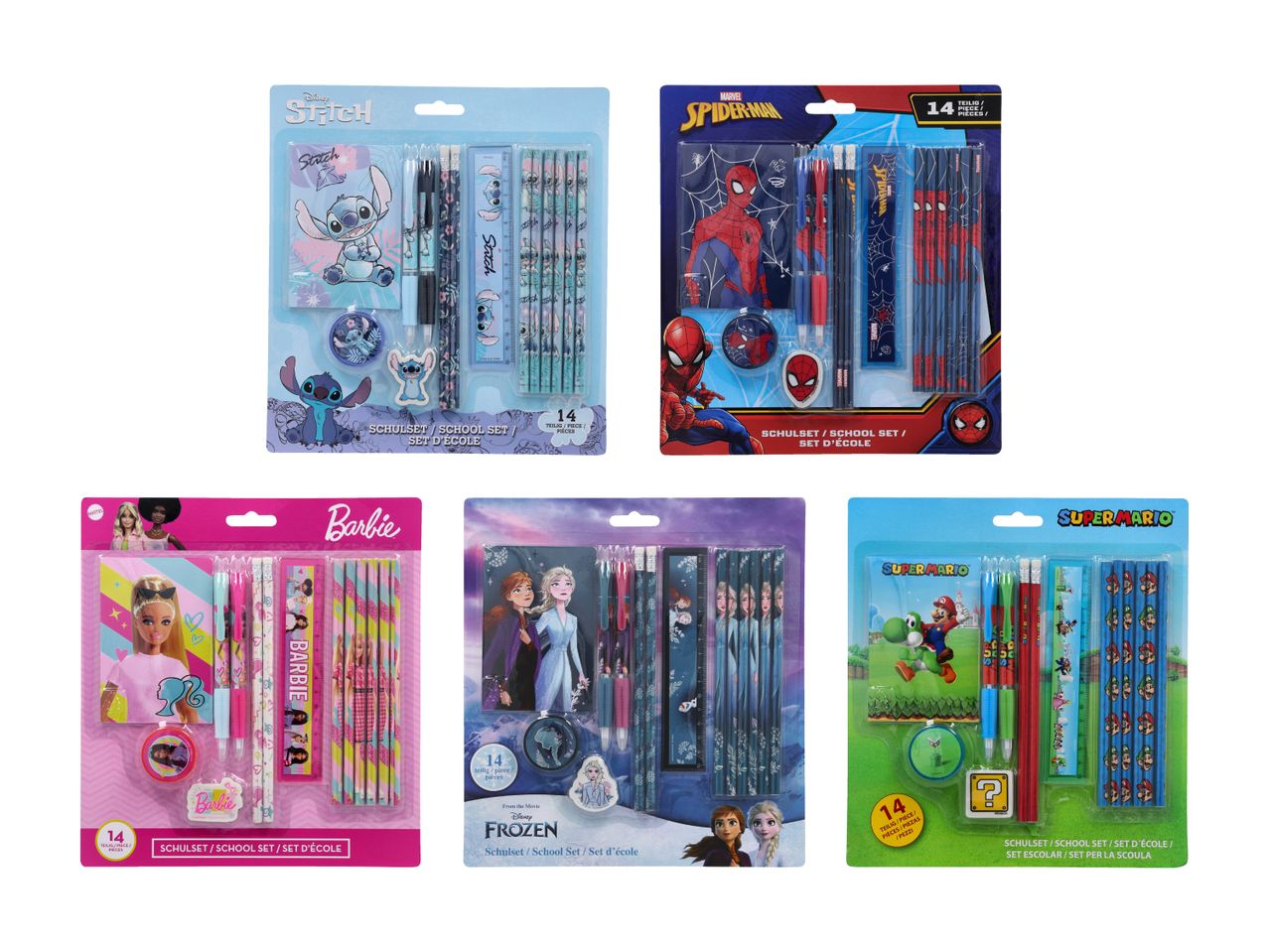Schulbedarf-Sets mit Disney, Marvel und anderen Motiven: Stifte, Lineale, Radiergummis.