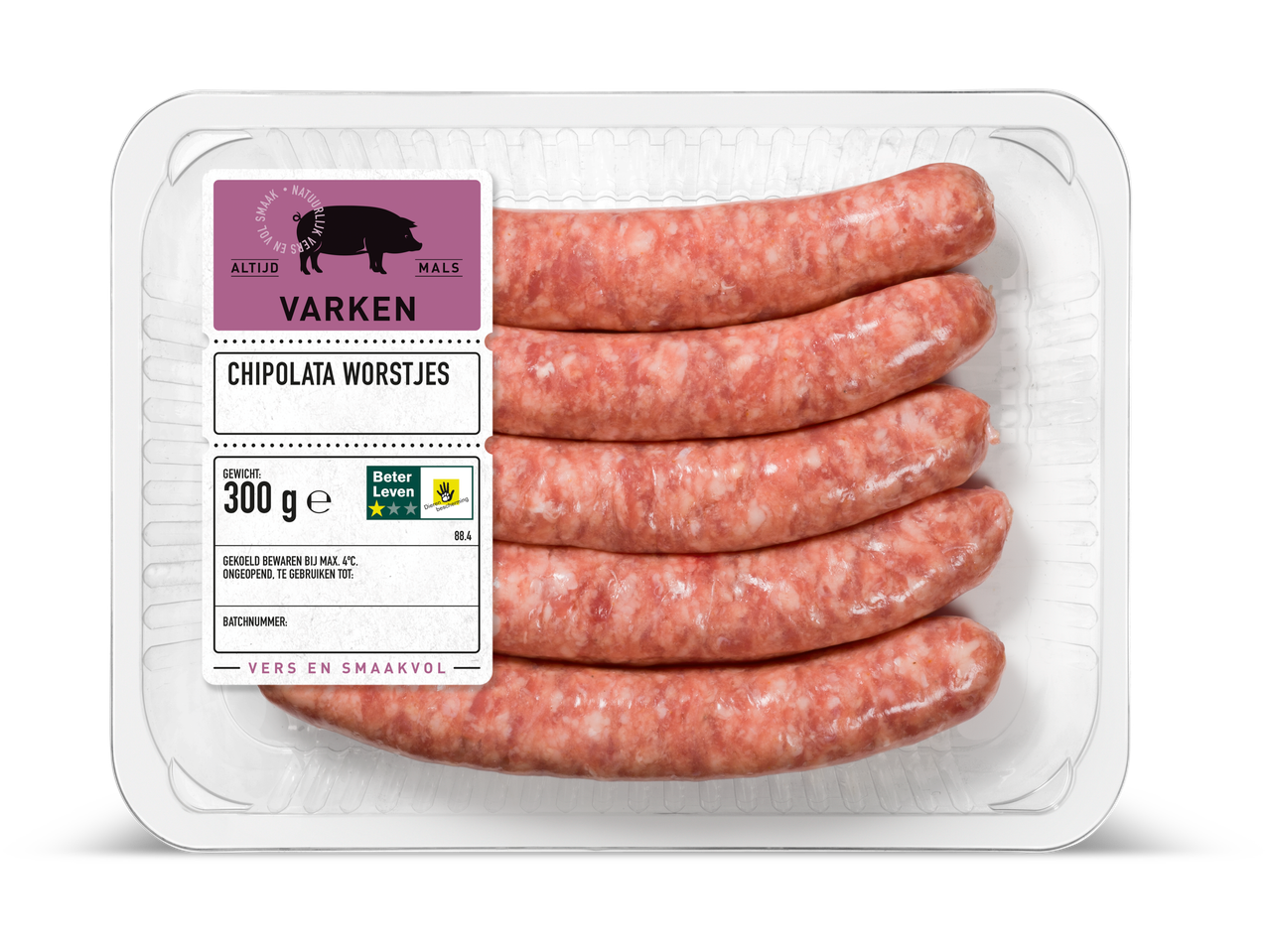 Verpakking met varkens chipolata worstjes.