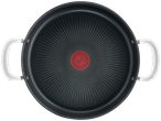Tigaie Tefal Jamie Oliver cu două mânere albe și Thermo-Spot roșu în centru.