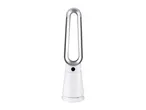 White and silver bladeless tower fan with digital display