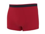 Red men's boxer briefs with a dark blue waistband, back view.