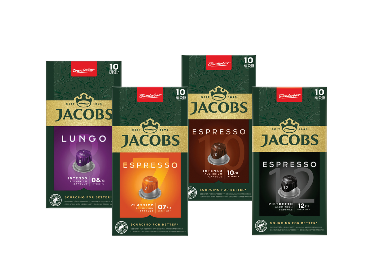 Pakovanja kapsula za kafu sa natpisima Lungo, Espresso Classico, Espresso Intenso i Espresso Ristretto.