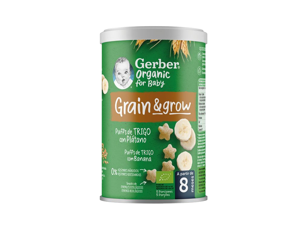 Puffs de trigo e banana para bebé, biológicos, sem açúcares adicionados, a partir dos 8 meses.