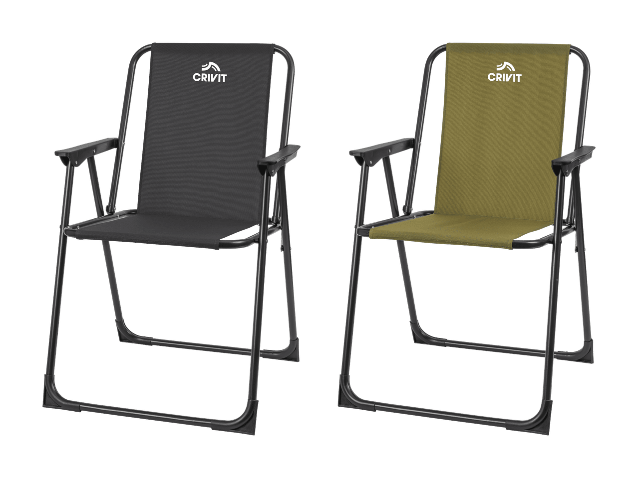 Chaise de camping pliante noire avec accoudoirs.