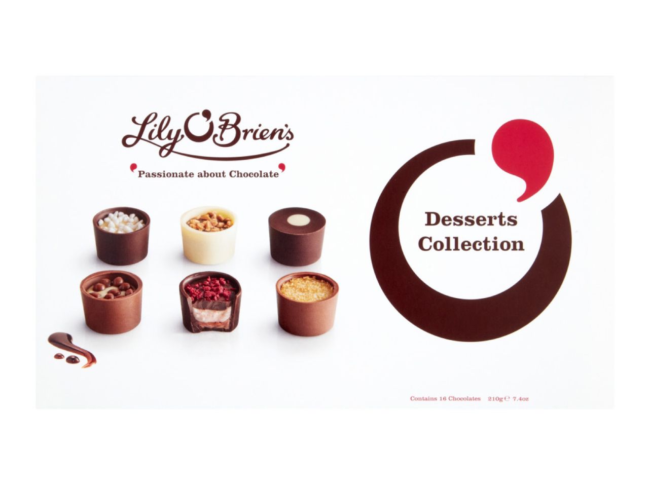 Lily O'Brien's Desserts Collection chocolates, with various toppings and fillings.