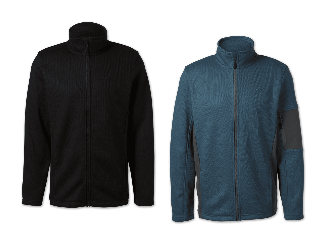 Zwei Fleecejacken, eine schwarze und eine blau-graue, mit Reißverschluss und Stehkragen.