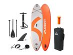 Inflatable stand-up paddleboard set with paddle, pump, fin, leash, and carry bag.