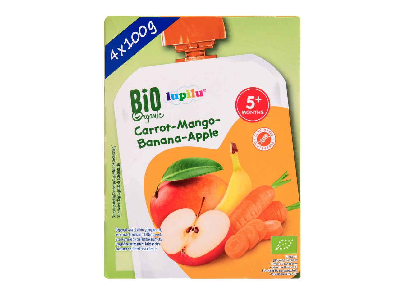 Lupilu Bio Organic Puré de Fruta e Vegetais de Cenoura-Manga-Banana-Maçã em saquetas para bebés a partir dos 5 meses, sem glúten.