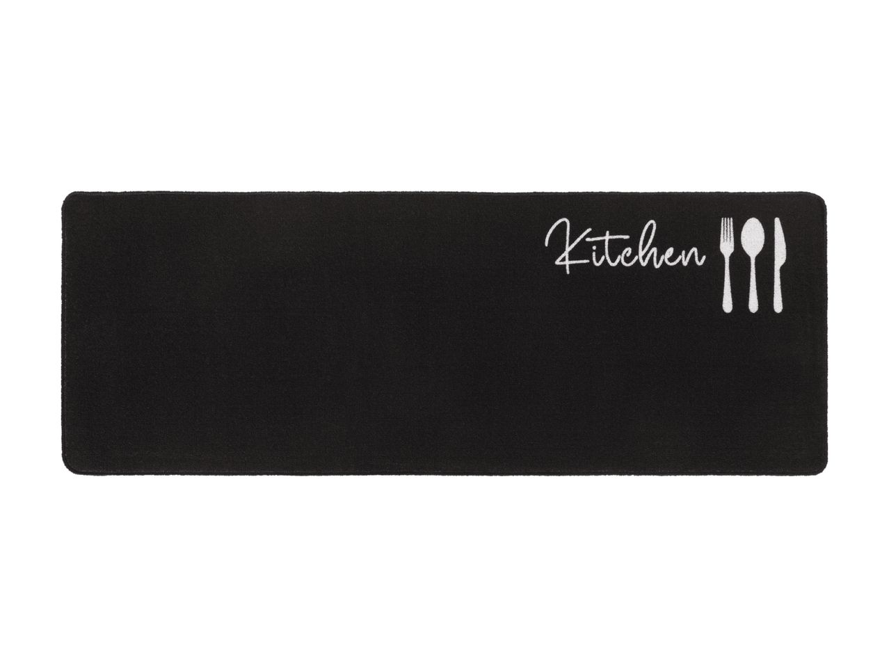 Sort køkkenmåtte med teksten 'Kitchen' og bestik-symboler.