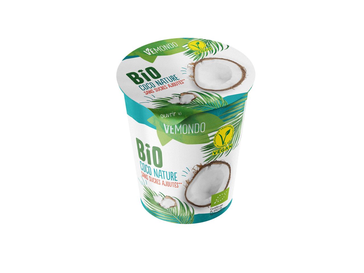 Un pot de yaourt VEMENDO Bio Coco Nature sans sucres ajoutés, avec des noix de coco.
