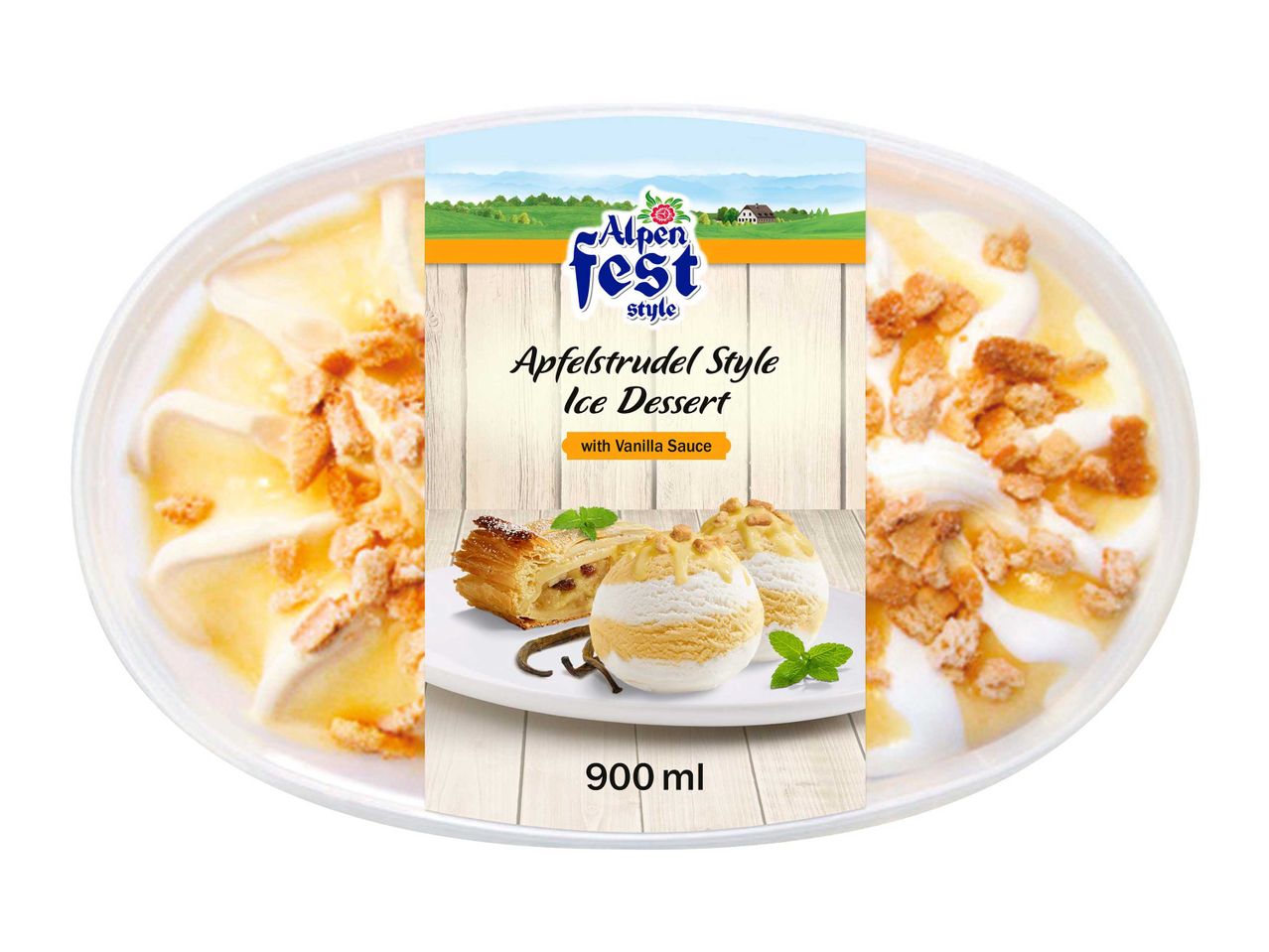 Alpen Fest Apfelstrudel Style jégdesszert vaníliaszósszal, 900 ml-es kiszerelésben.