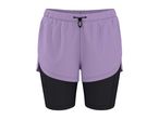 Purple and black two-in-one athletic shorts with an elastic waistband and drawstring.