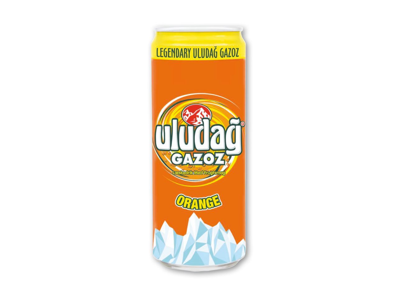 Orange sodavandsdåse med bjergmotiv og teksten 'Legendary Gazoz'.